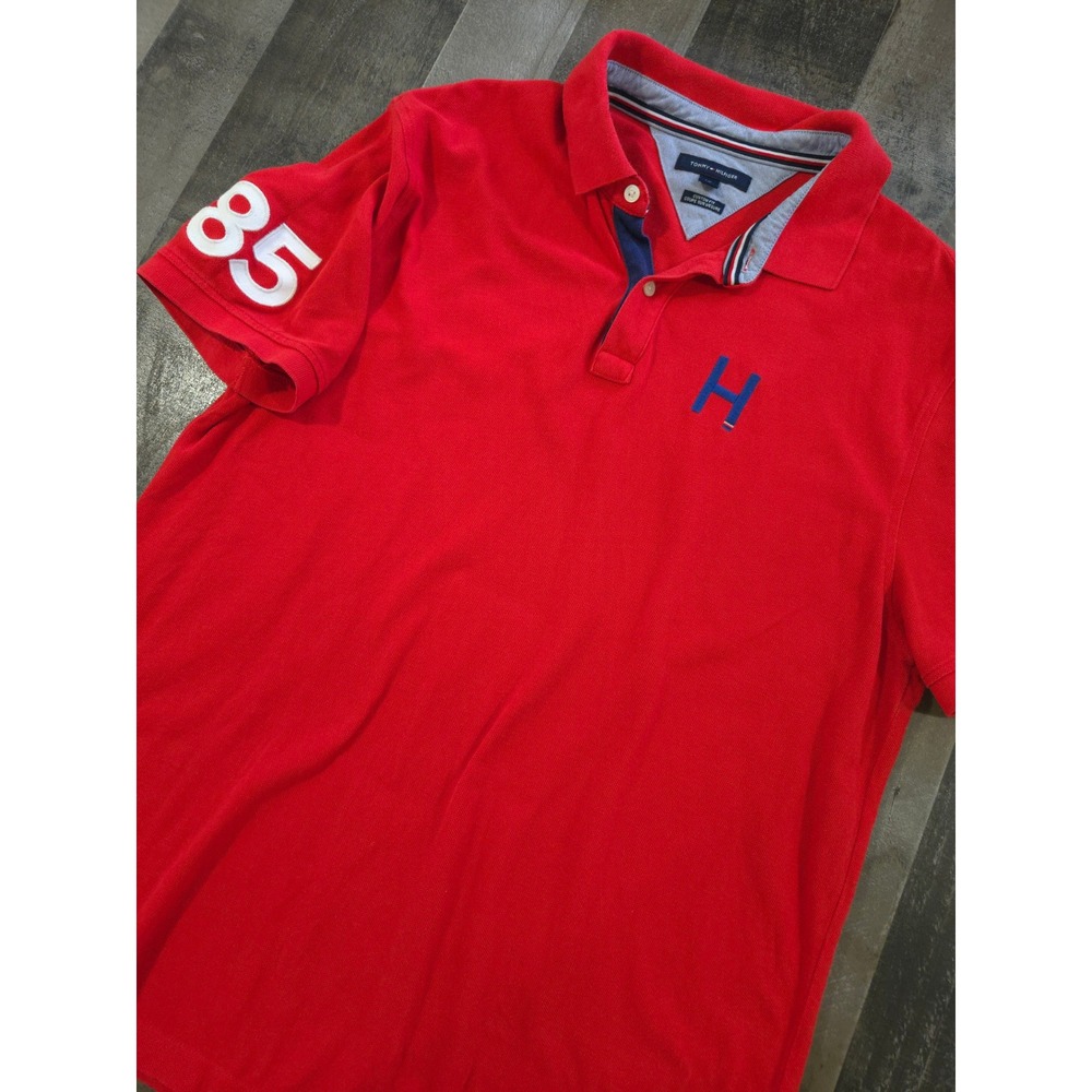 Tommy Hilfiger Men's Red Varsity Embroidered H 85 Custom Fit Polo Shirt Large